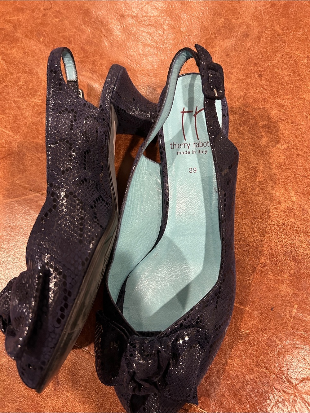 Thierry Rabotin Dark Navy Peep-Toe Slingback Pumps